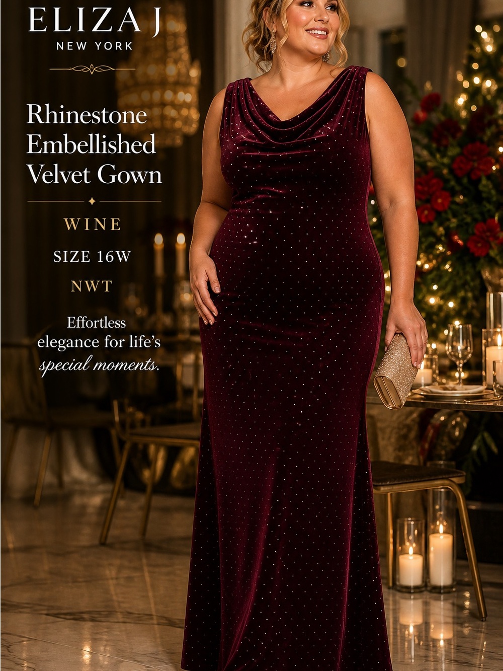 Eliza J Rhinestone Velvet Maxi Gown Size 16W Plus Cowl Neck Beaded Dress NWT